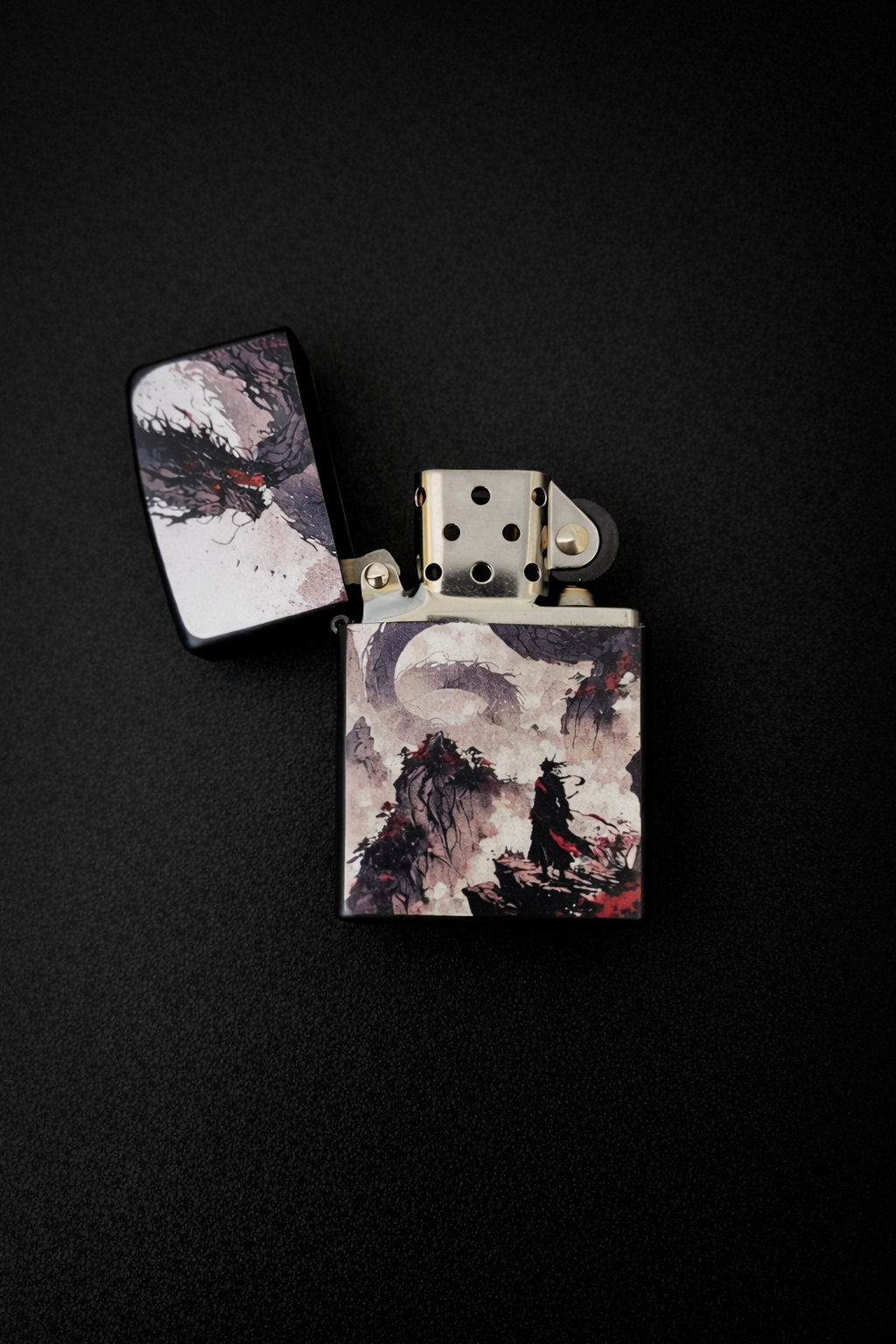 Premium Metal Lighter with Ink Wash Dragon & Samurai Design (without fuel)